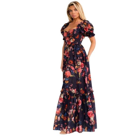 Women's Floral Puff Sleeve Maxi Dress Multicolor S,M,L - Picture 3 of 9